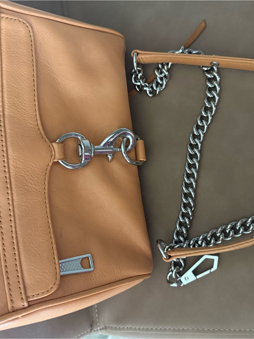 Rebecca Minkoff Camel Leather Crossbody with Silver Chain Strap